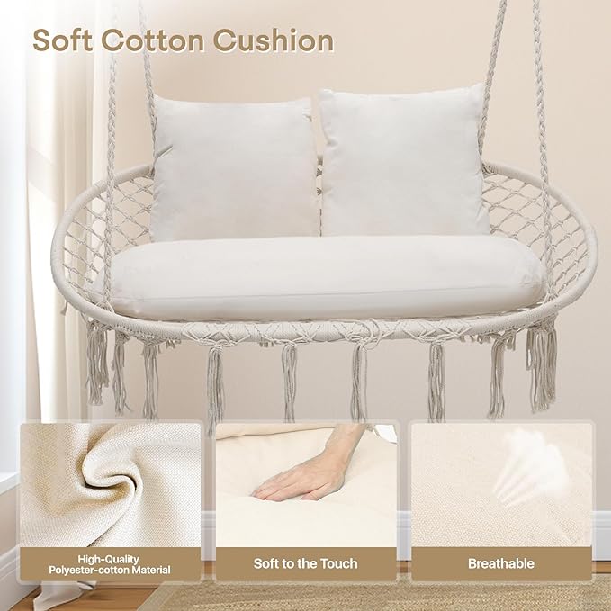 Athena Collection Hammock Swing Chair with 2 Seat, Max 700 Lbs, Outdoor Large Cotton Rope Chair Hanging Macrame Chair with 3 Soft Cushion, Swing Chair for Outdoor Indoor Patio Garden, White