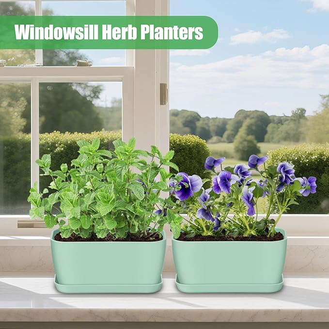 Herb Garden Planter Set, Plastic Plant Pots with Drainage and Saucer, Indoor Succulent Cactus Vegetable Pot for Windowsill, Garden Balcony, Green, Set of 6