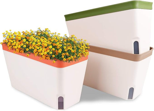 OurWarm Windowsill Herb Planter Box, Set of 3 Self Watering Plant Pots, 10.5 Inch Rectangular Planter Pot, Decorative Garden Flower Pots for Indoor Plants, Herbs, Vegetables, Flowers (3 Colors)
