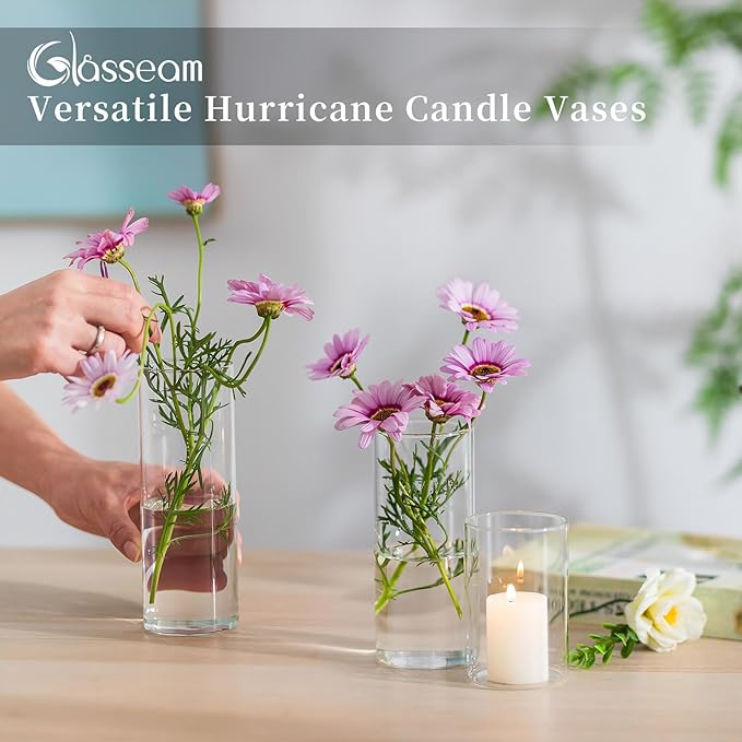 Glasseam Hurricane Glass Candle Holders Set of 6,Clear Cylinder Candle Holders for Pillar Candles,Modern Floating Candles for Centerpieces Vases,Candle Holders for Table Centerpiece,4''+6''+8'',2.6in