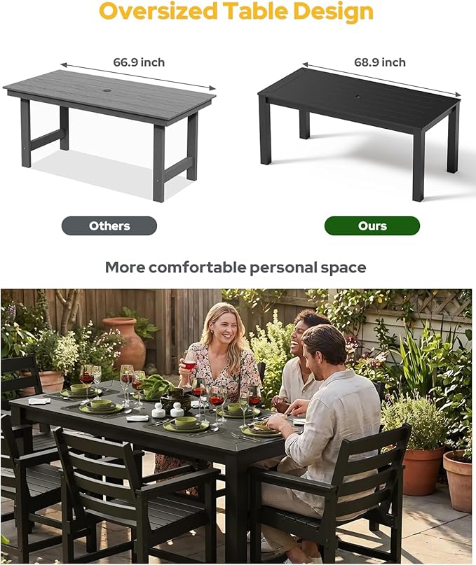 Outdoor HDPE Dining Table Set 7-Piece, All-Weather Outdoor Table and Chairs with Umbrella Hole Cut-Out, Patio Furniture for Garden, Backyard, Deck (Black)