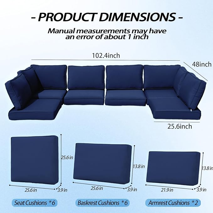 Patio Furniture Cushions, 14 Pieces Water-Resistant Outdoor Replacement Cushions, Sectional Sofa Cushions for 6-Seats Rattan Wicker Patio Conversation Sets, Dark Blue