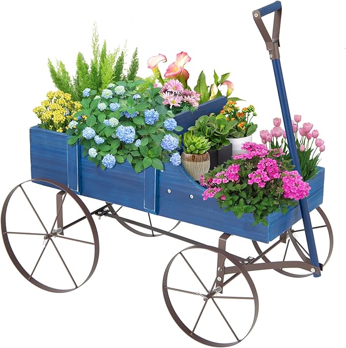 HAPPYGRILL Wooden Wagon Planter, 24.5” x 13.5” x 24” Decorative Garden Planter w/ 2 Planting Sections, Wheels, Handle, Small Decorated Cart, Flower Planter Box for Indoor Outdoor Festival Patio (Blue)