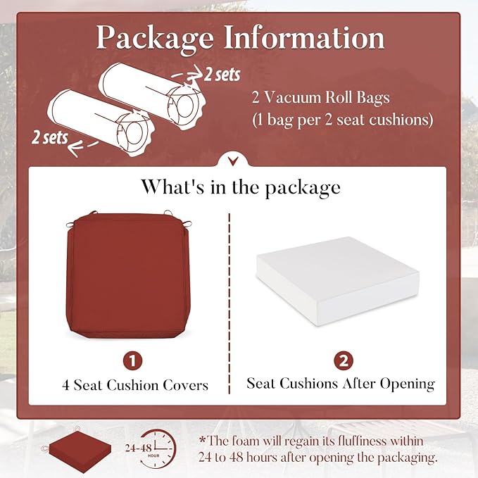 Basic Beyond Outdoor Chair Cushions for Patio Furniture, Waterproof Outdoor Seat Cushions Set of 4 18 x 18, Patio Chair Cushions Set of 4 with Ties and Handle, Brick Red