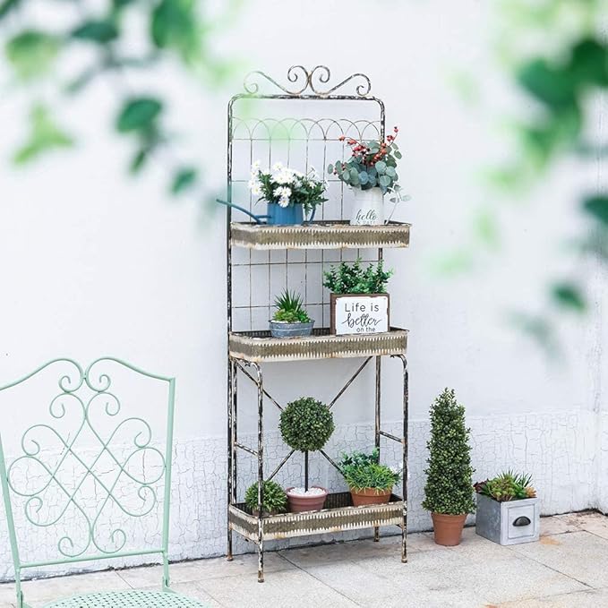 glitzhome 68" H Farmhouse Garden Planter 3 Tiers Metal Display Plant Stand Storage Shelf Indoor Outdoor Floor Standing Storage Organizer Rack