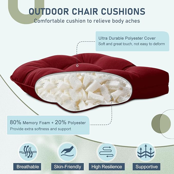 downluxe Outdoor Chair Cushions Set of 2 for Patio Furniture, Waterproof Tufted Overstuffed Patio Furniture Cushions, Thick Outdoor Seat Cushion, 19" X 19" X 5", Burgundy