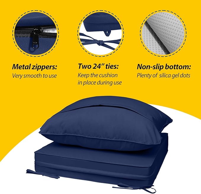 AAAAAcessories Outdoor Seat Cushions for Chairs, Fade-Resistant, Waterproof Patio Furniture Replacement Cushions, 19" x 19" x 3" + 19" x 17", Set of 2, Navy Blue