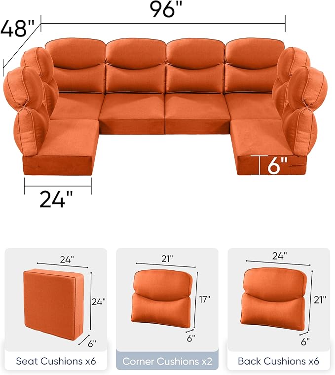 Luxury 24x24x6 Outdoor Seat Cushions for 6-Seat Sectional Sofa Set of 6 - Water-Repellent 14-Piece Patio Cushion Set for Outside Rattan Wicker Loveseat Chair L-Shape Couch - Orange/Smile