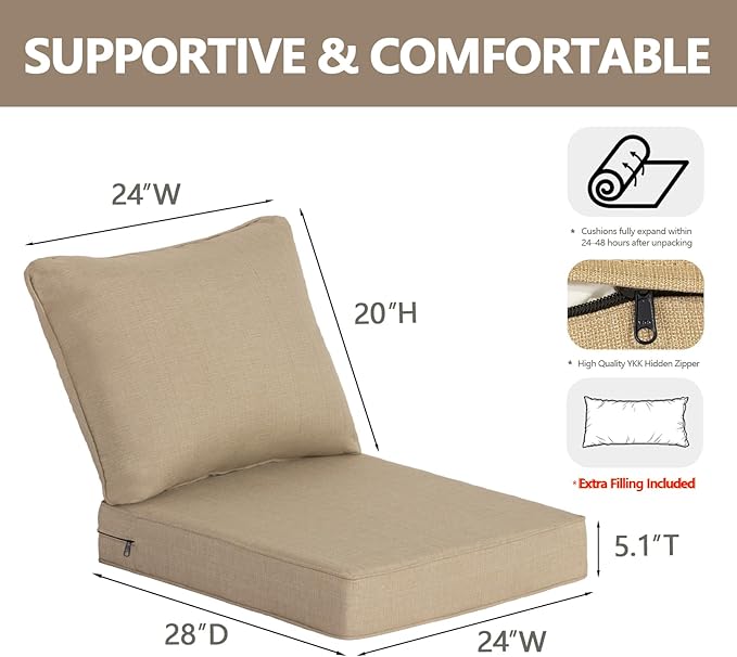 Goodgoods 24 x 28 Outdoor Patio Deep Seat Cushions 2-Pack, 1000+ Hours Fade-Resistant & Water-Resistant Outdoor Furniture Chair Cushions with 30D High-Resilience Foam for Sofa Chair, Toffee