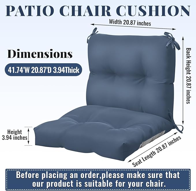 Geetery Set of 4 High Back Wicker Patio Chair Cushions for Outdoor Furniture 41.74x20.87x3.94 Inch Waterproof Thick Replacement Seat Pads with Non Slip Ties for Porch, Deck, Lawn & Garden(Blue Gray)