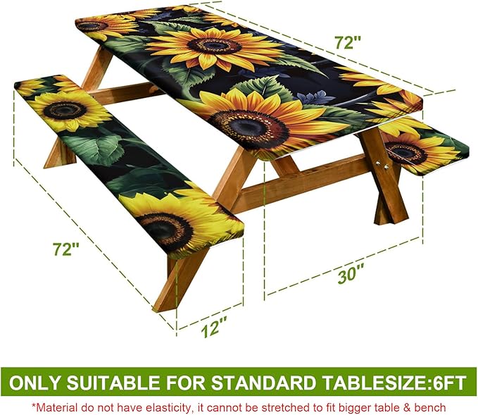 Sunflower Field Picnic Table Cover with Bench Covers Set of 3 - Bright Yellow Sunflowers Full Print, Elastic Fitted Tablecloth for 6 Ft Tables, Washable Polyester Cover for Garden, Indoor & Outdoor