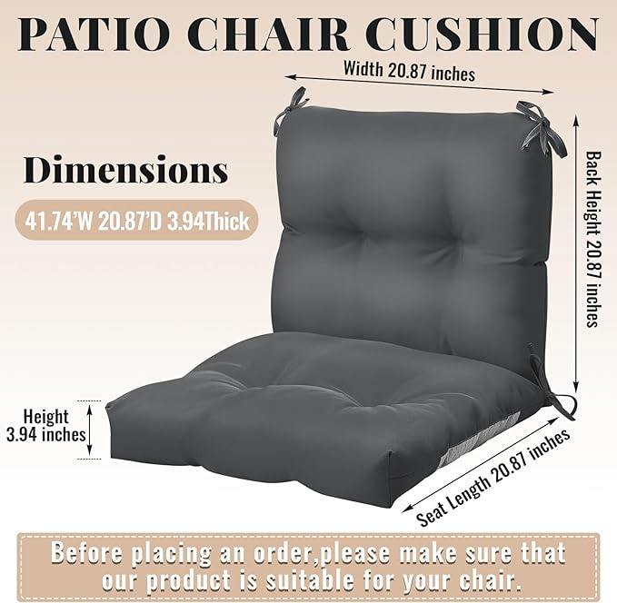 Geetery Set of 4 High Back Wicker Patio Chair Cushions for Outdoor Furniture 41.74x20.87x3.94 Inch Waterproof Thick Replacement Seat Pads with Non Slip Ties for Porch, Deck, Lawn & Garden(Dark Gray)