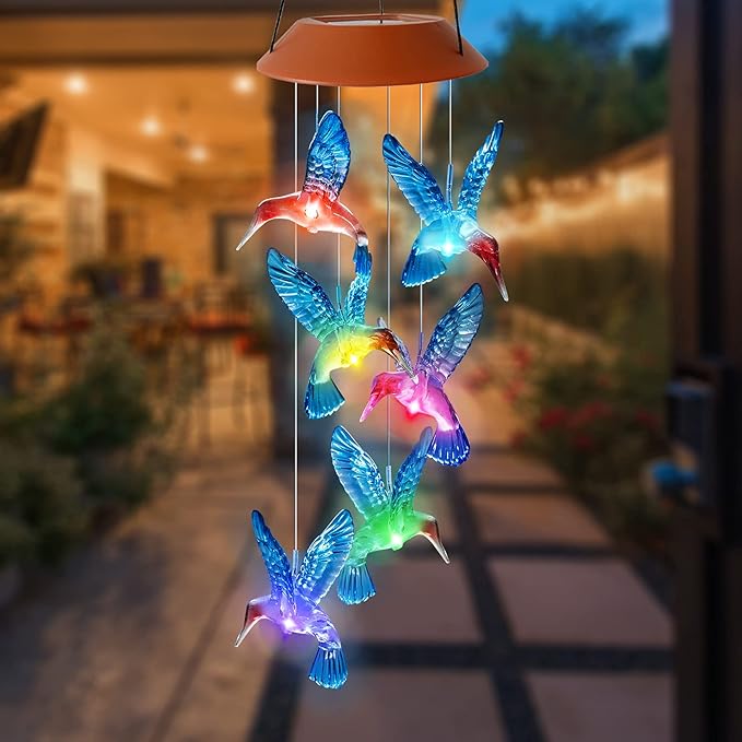 Hummingbird Wind Chimes Outdoor Color Changing Solar Mobile Light Outdoor Decoration Gifts for Grandma Birthday Gifts for Women Garden Memorial Wind Chimes (Blue)