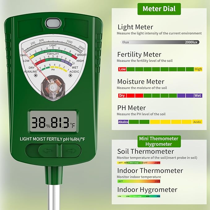 7-in-1 Soil ph Test kit, Soil Tester, Soil Meter of Moisture/Light/Fertility/PH/Soil Temp for House Plants, Soil Hygrometer Moisture Sensor for Indoor & Outdoor, Garden, Farm, Lawn Plant Care