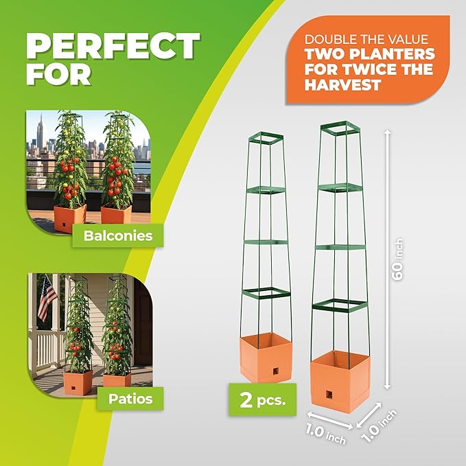 Bio Green Maxitom - 1.5 m Trellis for Climbing Plants - Plant Support for Climbing Plants, Vines, Vegetables, Tomatoes - Garden Trellis - Planter Box with Trellis - 2 Pack Plant Towers - Terracotta