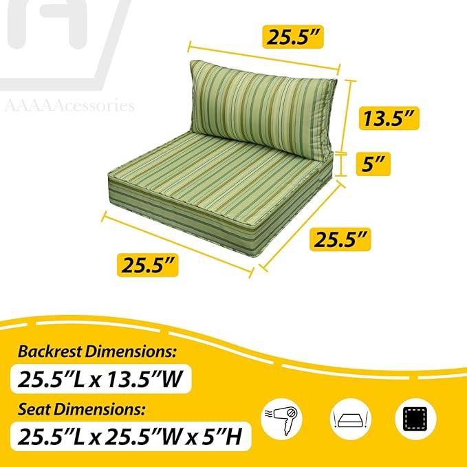 AAAAAcessories Outdoor Seat Cushions for Chairs, Fade-Resistant, Waterproof Patio Furniture Replacement Cushions, 25.5" x 25.5" x 5" + 25.5" x 13.5", Set of 4, Mossy Forest Stripe