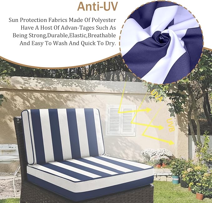 14 Pcs Outdoor Replacement Cushions for Patio Furniture, All Weather Water Resistant Cushion for 6 Seat Rattan Wicker Sectional Patio Conversation Sets and Couch (Blue Stripe)