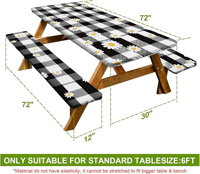 Vintage Gingham Picnic Table Cover with Bench Covers Set of 3 - Black White Check with Floral Accents, Elastic Fitted Tablecloth for 6 Ft Tables, Washable Polyester Cover for Patio, Indoor & Outdoor