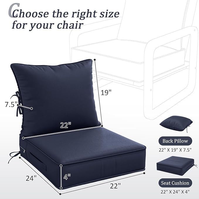 Outdoor Patio Chair Cushions Set 22 L X 24 W X 4 H Waterproof & Fade Resistant Deep Seat and Back Cushions with Removable Covers Outdoor Seat Cushion Set for Chairs and Sofas