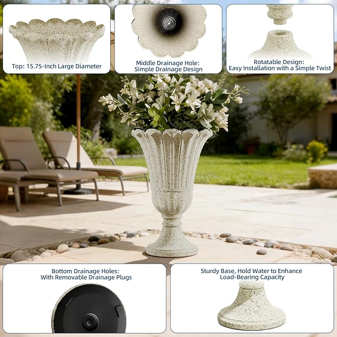 Heavy-Duty 23.6" Tall Urns Planters for Outdoor Plants - Set of 2 Water Storage Base Large Outdoor Planter for Porch, Sandblasting Process Indoor Flower Pots for Home Decor/Garden Vase, Beige