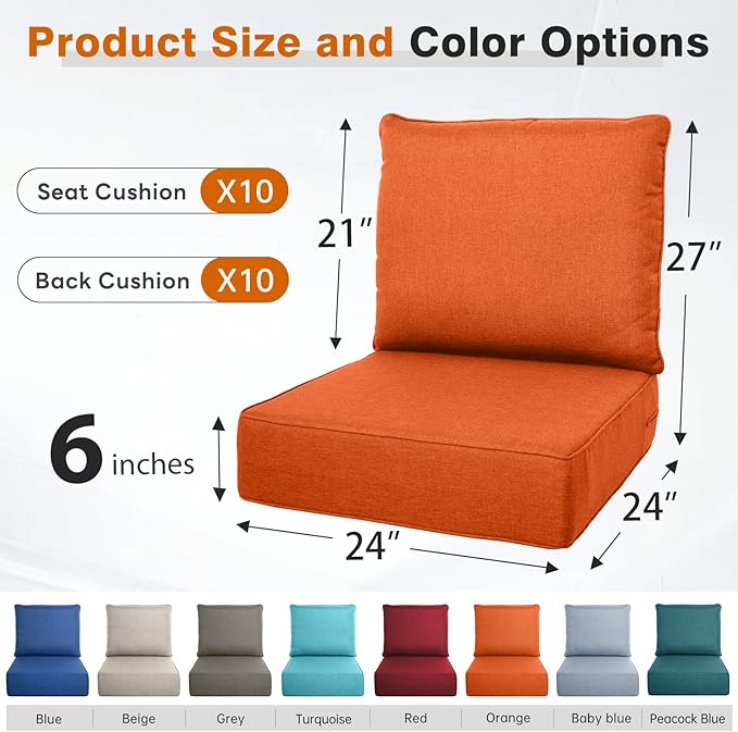 Belord Luxury 6" Thick Outdoor Cushion 10 Set - 24 x24 Inch 28D Sponge Filling Fade-Resistant Chair Cushion, Spill Proof Removable Patio Furniture Replacement Cushion for Sofa Bench Swing - Orange