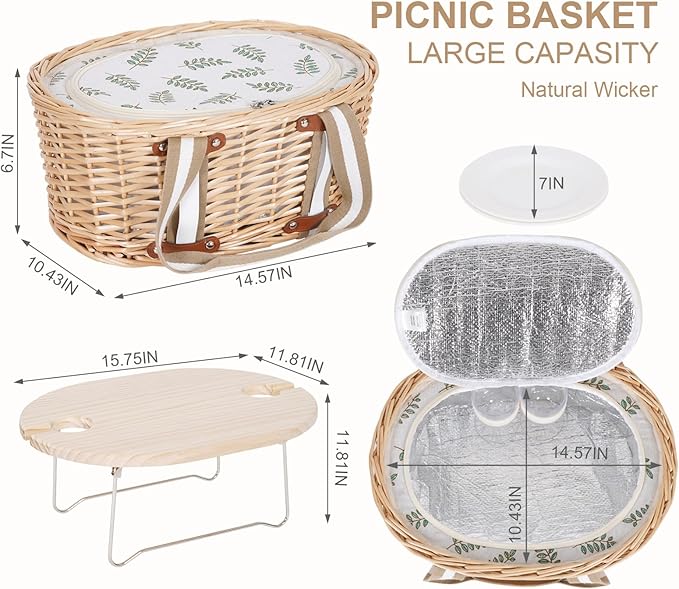 Picnic Basket Set for 2 - Wicker Insulated Picnic Basket with Waterproof Blanket, Folding Wine Picnic Table & Cutlery Kits, Picnic Baskets Kit for Camping, Outdoor, Valentine (Leaf)