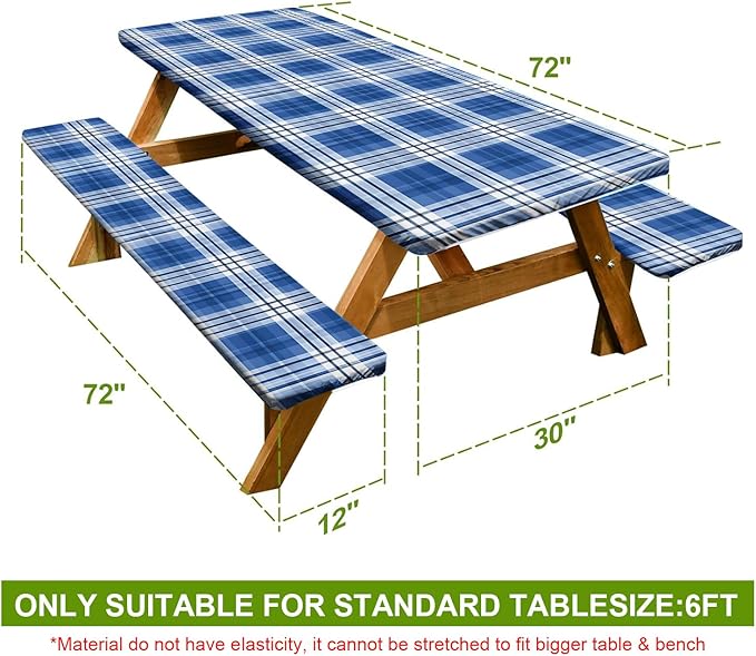 Picnic Table Cover with Bench Covers Set of 3 - Traditional Checkered Dark Blue Plaid Tablecloth, Elastic Fitted for 6 Ft Tables, Washable Polyester Cover for Camping, Indoor & Outdoor