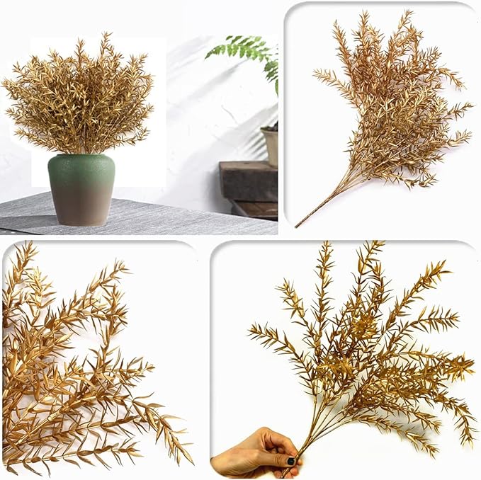 CATTREE Artificial Plants for Christmas, Plastic Grass Faux Shrubs Fake Leaves Simulation Sharp Bushes Home Indoor Outdoor Garden Wedding Festival Decoration Hall Table Planter Filler – Gold 2 Pack