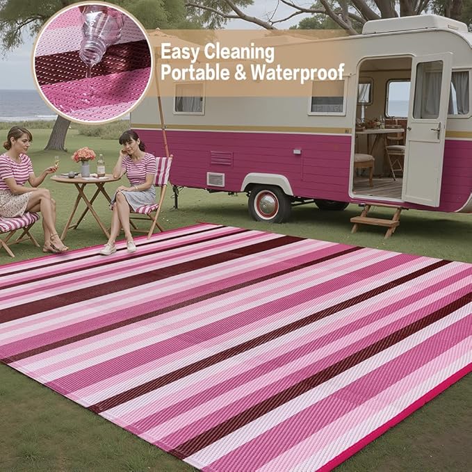 HUGEAR Outdoor Waterproof Rug 6'x9' Plastic Straw Rugs Washable Reversible Floor Mat Pink Stripe Carpet for Camping RV Deck Entryance Porch Picnic Balcony Beach Backyard