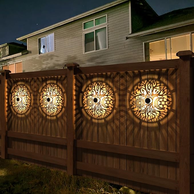 2 Pack Solar Fence Lights Metal Solar Powered Outdoor Wall Deck Step Lights Tree Theme Waterproof Fence Light for Garden Post Patio Backyard Yard Decor (Tree, 2 Pack)