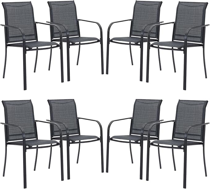 VICLLAX Patio Stackable Dining Chairs Set for 8, Outdoor Sling Chairs with Metal Frame for Front Porch Balcony Backyard Garden and Deck, Black Grey