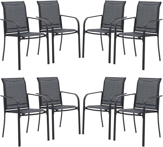 VICLLAX Patio Stackable Dining Chairs Set for 8, Outdoor Sling Chairs with Metal Frame for Front Porch Balcony Backyard Garden and Deck, Black Grey