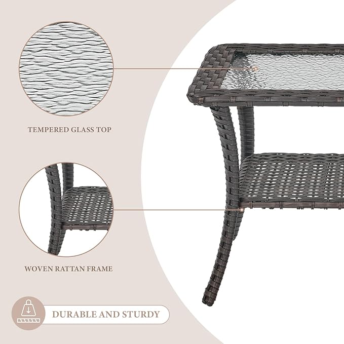 Patio Coffee Table Wicker Table Outdoor PE Rattan Glass Top Table with Storage Shelf Rectangle Patio Outdoor Coffee Table for Patio Garden Balcony Porch Deck Poolside, Brown