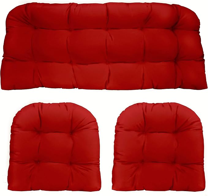 RSH DECOR: 3-Piece Wicker Tufted Cushion Set | 41” x 19" & 19" x 19" | All-Weather Spun Fabric | Water Resistant | Outdoor Loveseat & U-Shape Cushions for Patio Furniture | Heritage Red - Made in USA