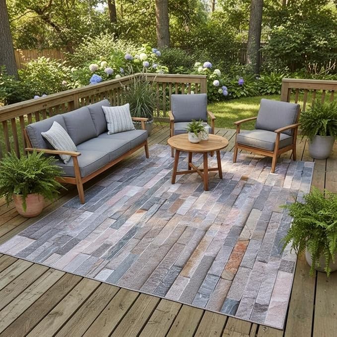 Retro Brown Grey Stone Wall Texture 9x12 Outdoor Area Rugs for Deck Porch Balcony Garden Patio Waterproof Washable Rock Stones Pattern Outside Carpet Yard Pool Foldable Durable Large Rugs Runner Mat