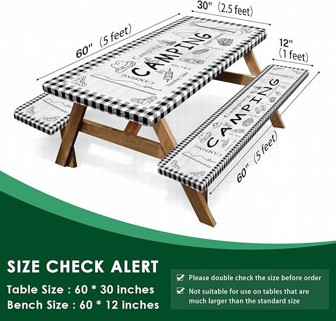 Picnic Table Cover with Bench Covers Elastic Edges, Farm Plaid Fitted Table Cover, Outdoor Patio Camping Essentials 60 Inch 3PCS, Waterproof Camping Fitted Tablecloth with Drawstring Bag