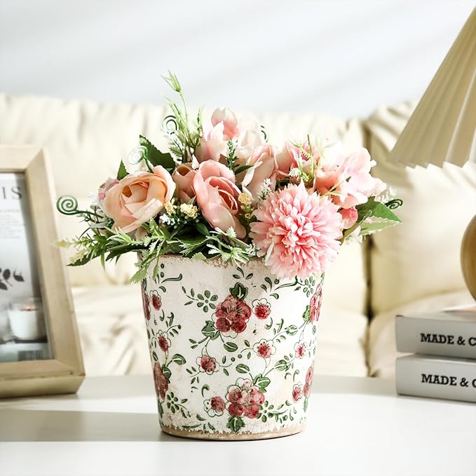 Farmhouse Ceramic Planter 5.5 Inch Large Plants Pot Crack Beige Red Rose Flowers Plant Pots with Drainage Hole Indoor Plants Kitchen Rustic Antique Decor Gift