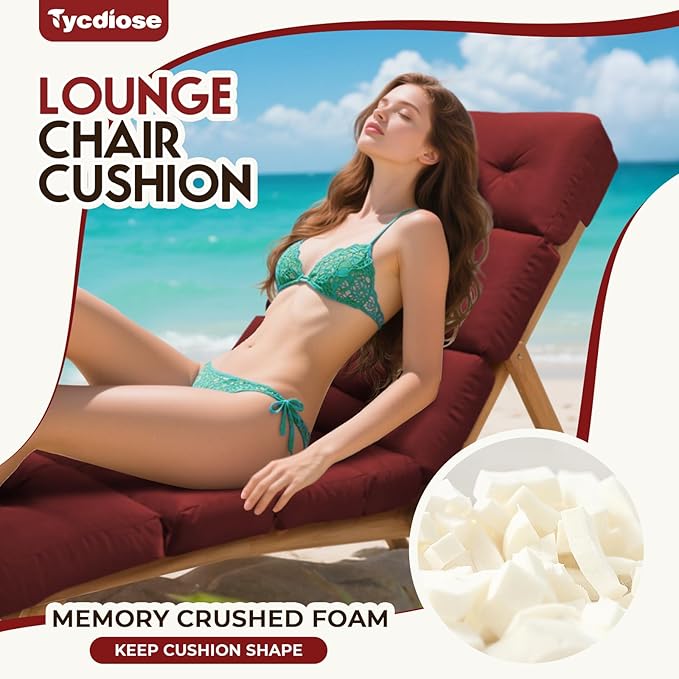 All Weather Chaise Lounge Cushions Outdoor Lounge Chair Cushion, Waterproof Memory Foam Chaise Lounger Chair Cushion Replacement for Outdoor Patio Furniture with Non-Slip Back and Ties, Red