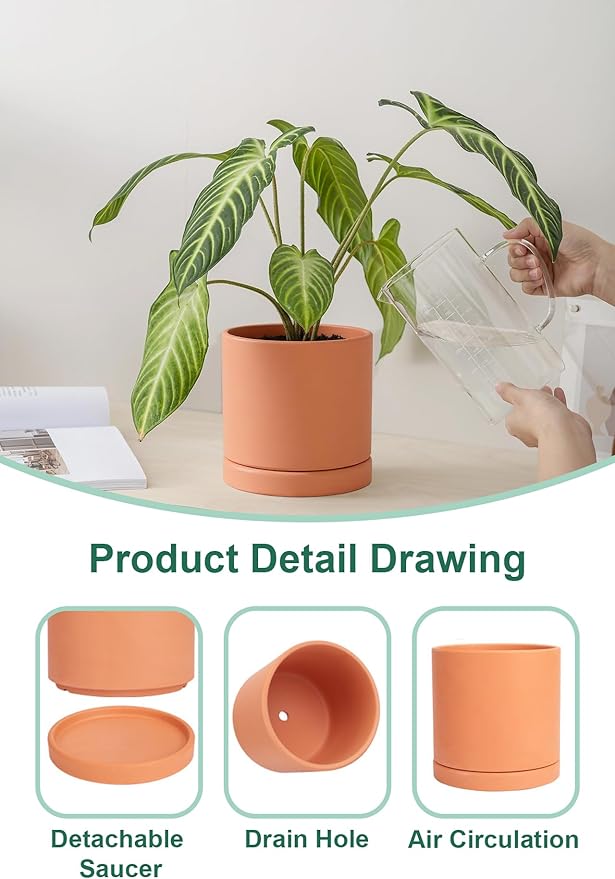 vensovo Terracotta Pots with Drainage and Saucers - 3.5/4.2/5.2/6.0 Inch Clay Planters Set of 4, Round Cylinder Flower Pots for Succulents, Herbs, Indoor Outdoor Plants