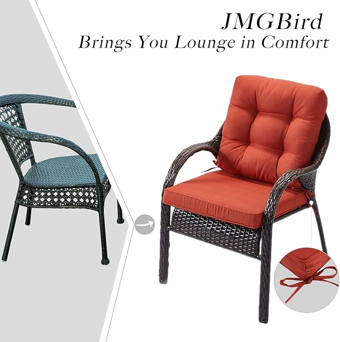 JMGBird Outdoor Seat Cushion Set 19"x19" Water-Repellent & Color-Lasting Patio Furniture Cushions, Deep Seat Bottom & Back Cushion with Adjustable Straps for Chair Sofa Couch(Orange Red)