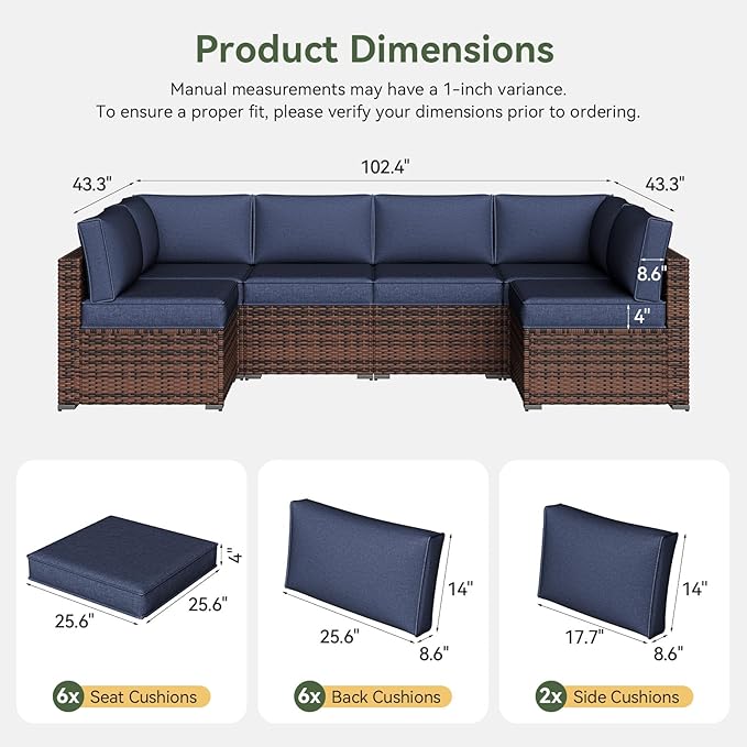 Aoxun Outdoor Replacement Cushions for Patio Furniture, Waterproof Sofa Cushion for 6-Seat Rattan Wicker Sectional Patio Conversation Sets, 14-Piece Cushions Set for L-Shape Couch, Navy