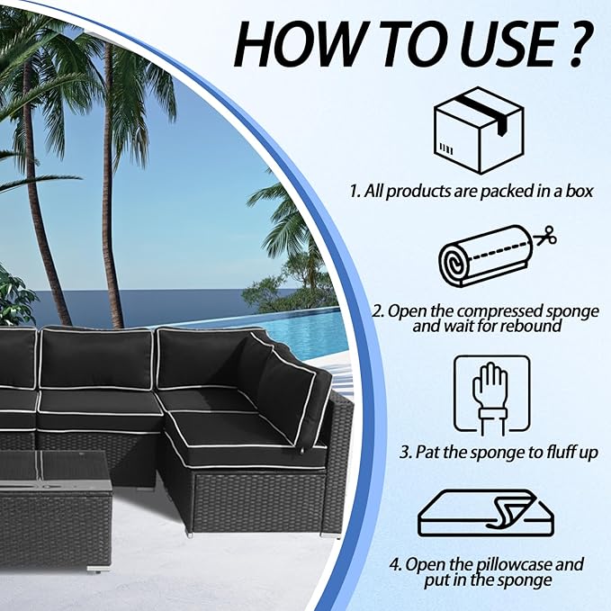 Outdoor Cushions for Patio Furniture,14Pieces Water-Resistant Replacement Cushions Fits 6-seat Sectional Rattan Conversation Set Outdoor Patio Sofa Cushion,Liner&Cover(Black+White Edges)