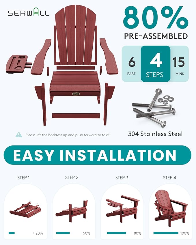 SERWALL Folding Adirondack Chair Set of 4, Outdoor Adirondack Chairs with 4 in 1 Cup Holder, Wood Texture Patio Chairs, Weather Resistant Fire Pit Chairs for Patio Deck Garden, Backyard - Red