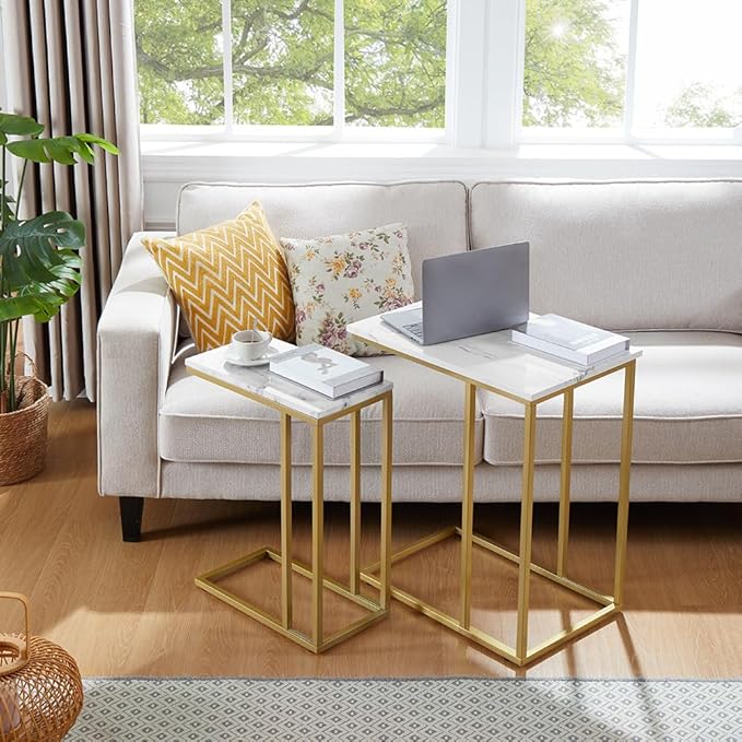 ROSEN GARDEN C Shaped Side Table End Table for Couch, Gold Side End Table with White Faux Marble Top, Modern Living Room Tray Table