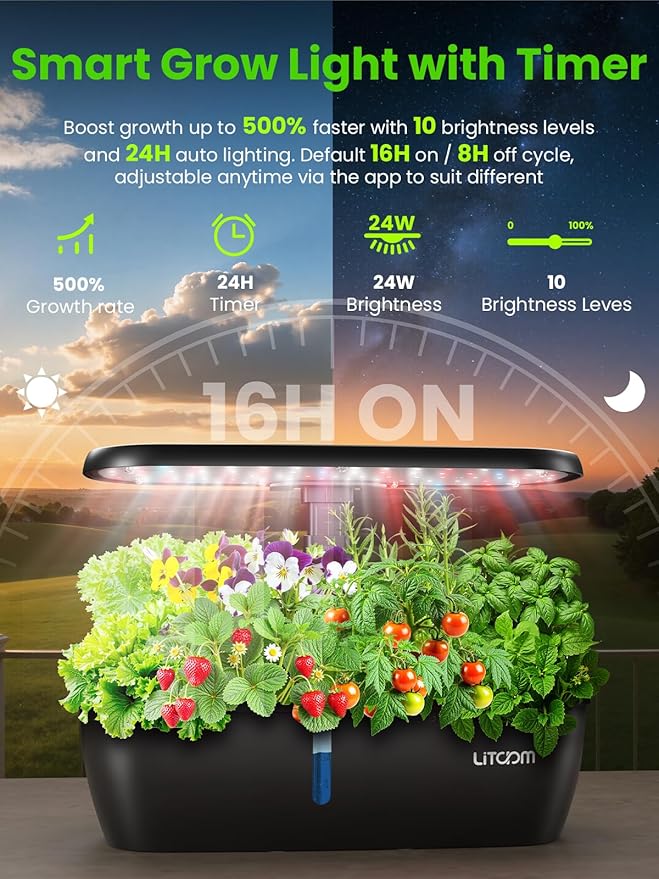 litokam Hydroponics Growing System Kit, 15-Pod Indoor Herb Garden Planter with 24W Grow Light & APP Control, Indoor Gardening System with 2 Grow Modes, Quiet Pump & 24H Timer