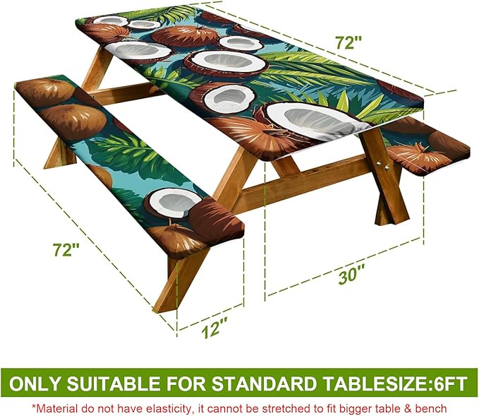 Tropical Paradise Picnic Table Cover with Bench Covers Set of 3 - Coconut & Palm Leaves Print, Elastic Fitted Tablecloth for 6 Ft Tables, Washable Polyester Cover for Patio, Indoor & Outdoor