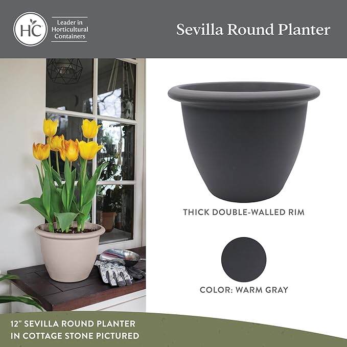 The HC Companies Sevilla Flower Planters - Durable Outdoor & Indoor Planter - Round Lightweight Self Watering Plant Pots for Herbs & More (14" Warm Gray, Pack of 1)
