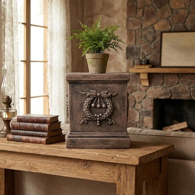 17 Inch Sculptural Garden Plinth Base Statue, Embossed Design Durable and Sturdy Resin Fiber Base,Antique Stone Finish