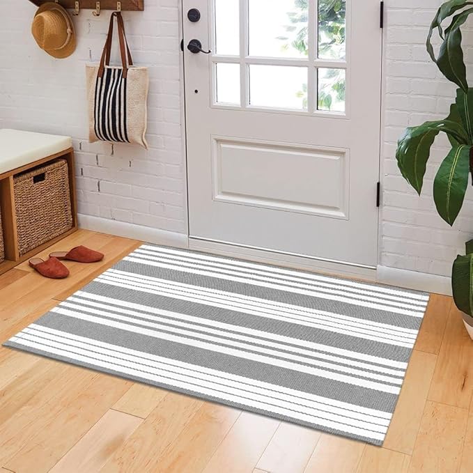 OJIA Front Door Rug 24''x51'' Gray and White Striped Outdoor Rug Machine Washable Porch Rug Front Door Mat Outdoor Indoor Area Rugs Cotton Woven Entry Mat for Home Entrance/Farmhouse Decor