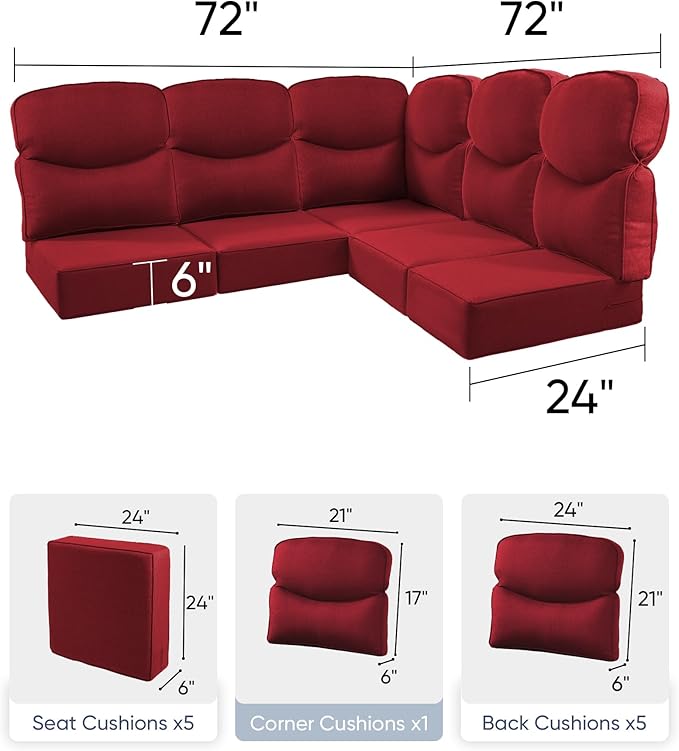 Luxury 24x24x6 Outdoor Cushions for 5-Seat Sectional Sofa Set of 5 - Water-Repellent 11-Piece Patio Cushion for Outside Rattan Wicker Loveseat Chair L-Shape Couch - Red/Smile